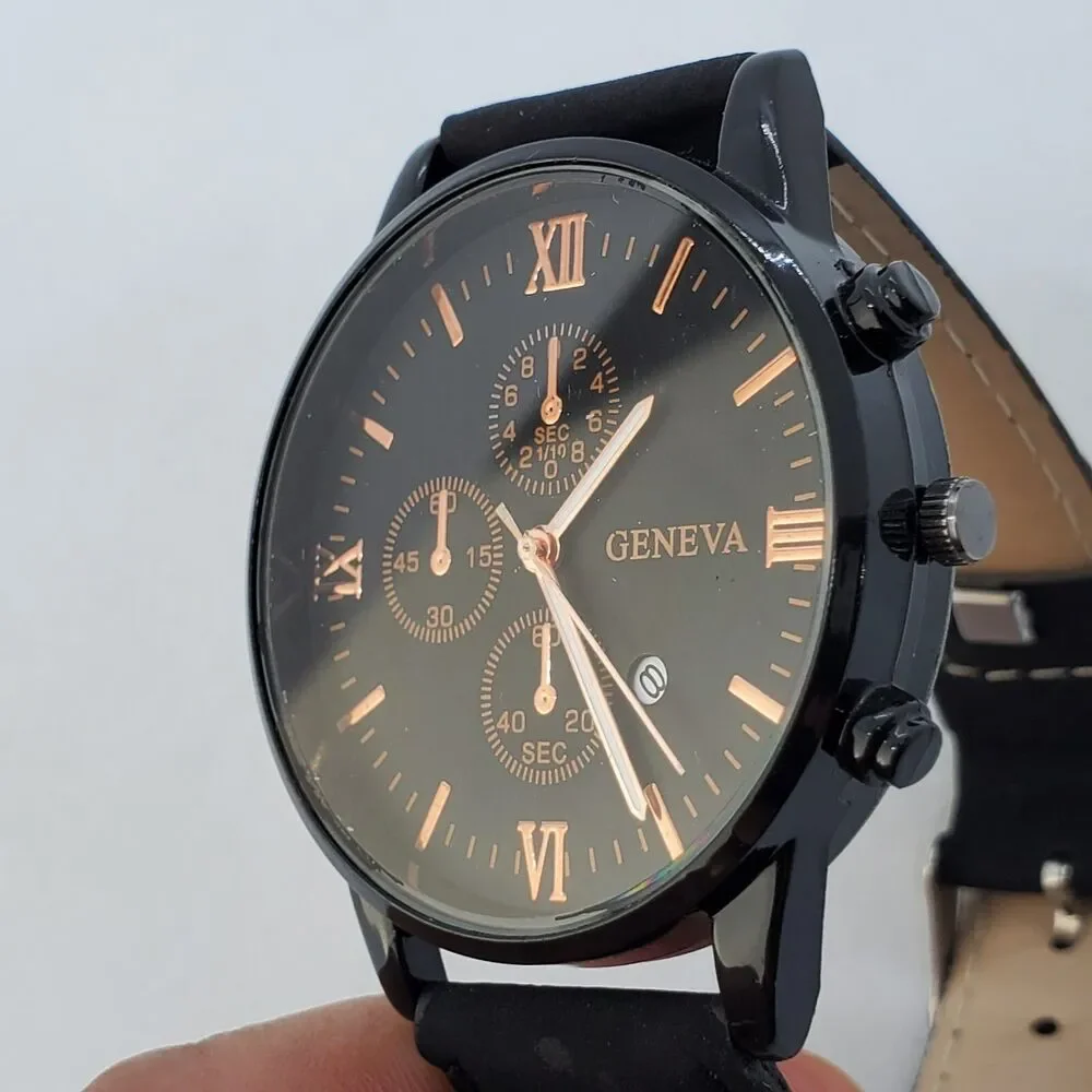Men's Watch 42MM Black Dial Case Date Black Leather‎ Bands Analog Watch